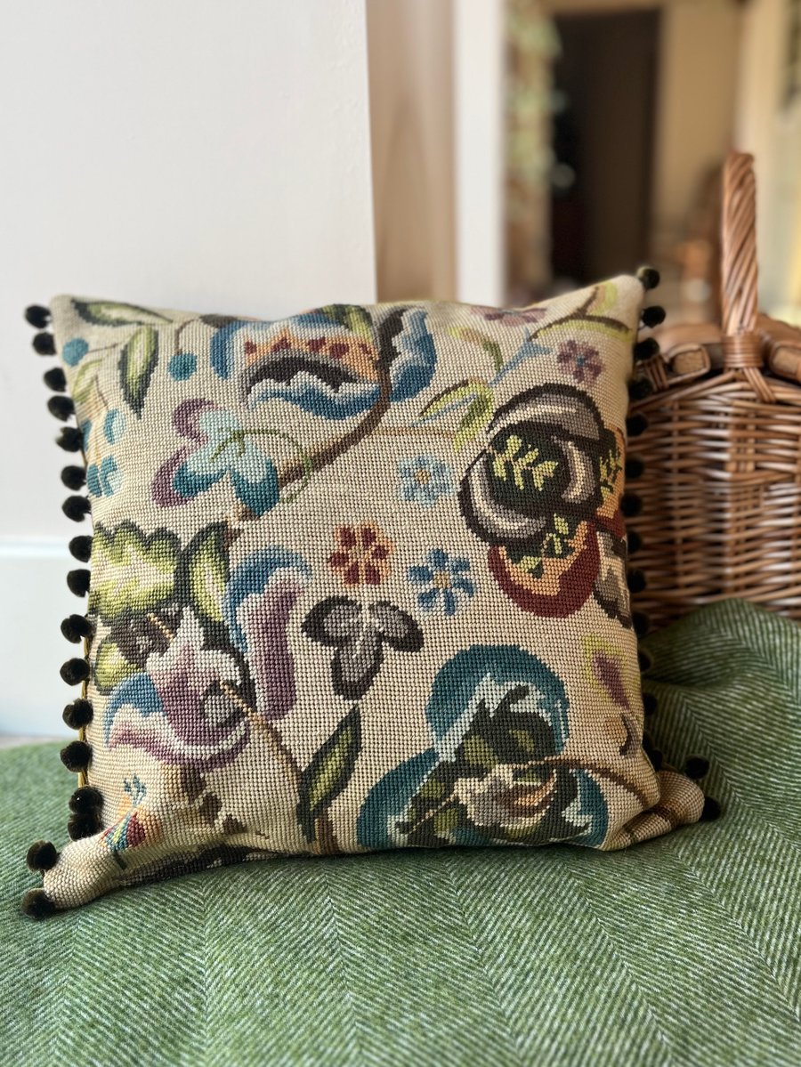 Reclaimed tapestry square floral cushion cover with pompoms and velvet back
