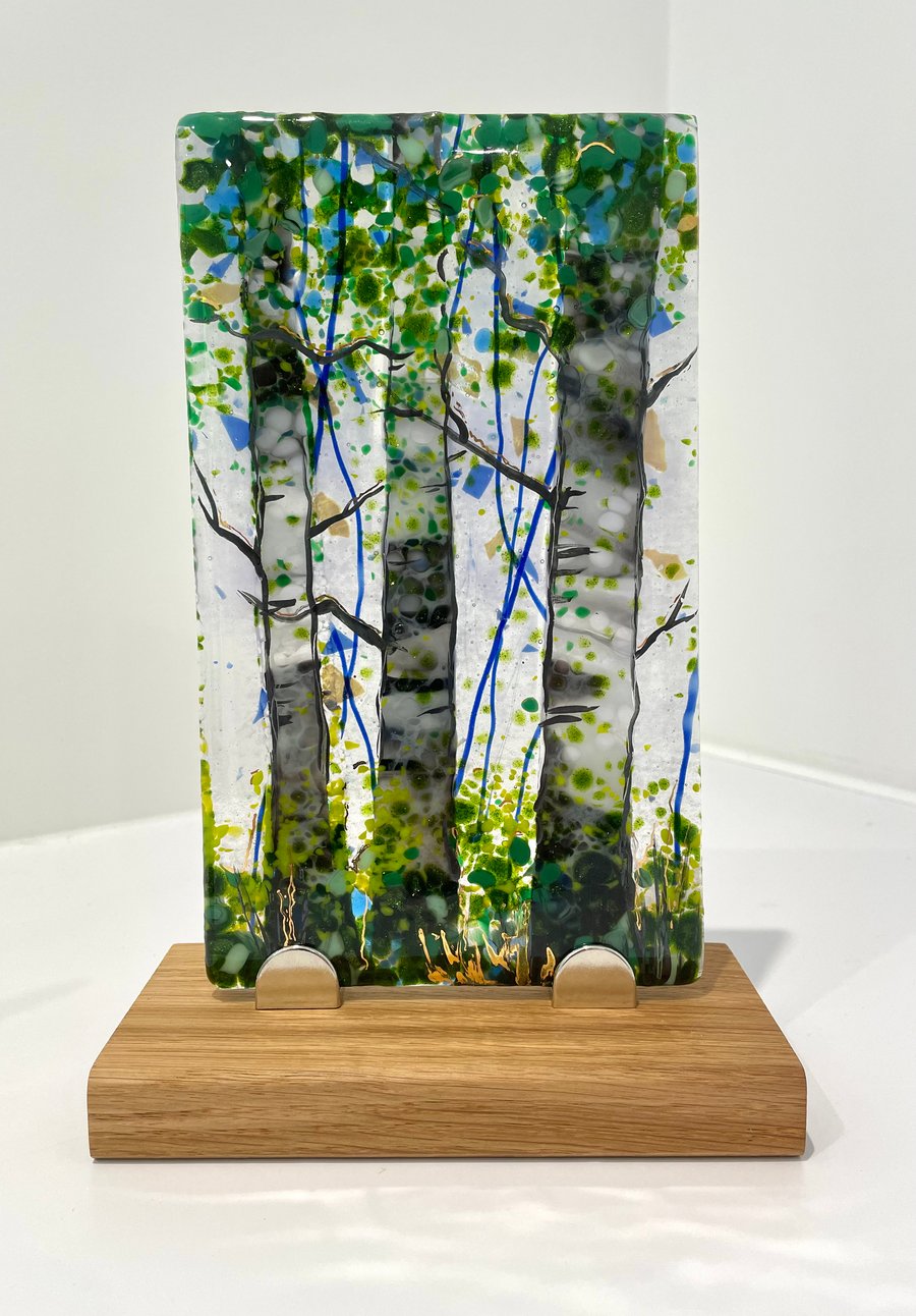 Woodland forest glass art on wooden stand 