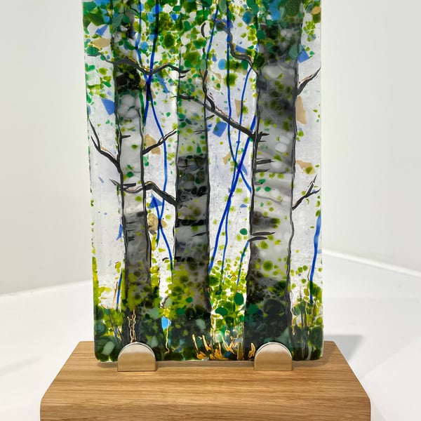 Woodland forest glass art on wooden stand 