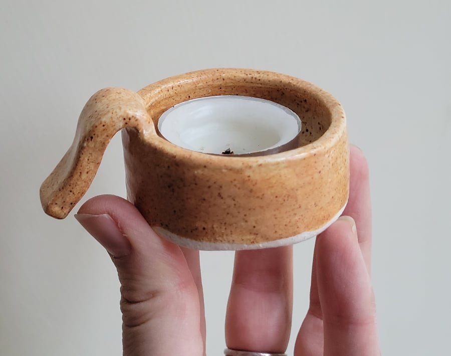 Beige copper pottery tealight candle holder with handle gift Seconds Sunday 