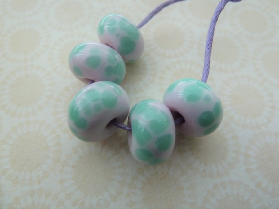 SALE pink and mint frit lampwork glass beads