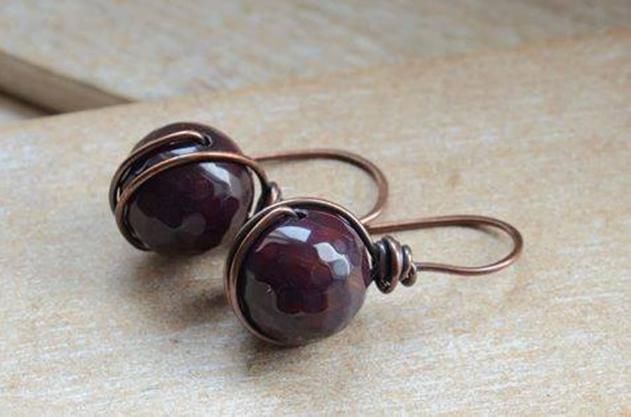 Handmade Deep Purple Agate Gemstone Copper Earrings