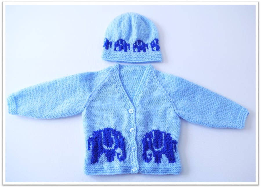 Baby Knitting Pattern for Jacket and matching Hat with Elephants.  Digital