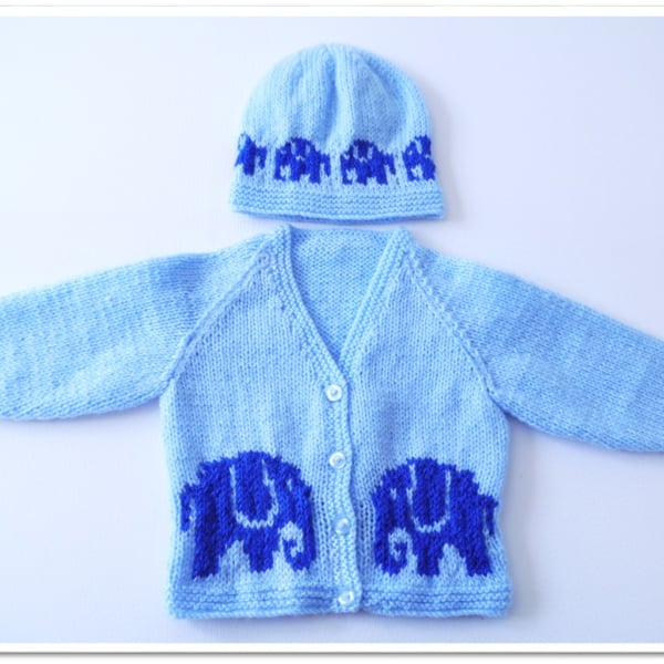 Baby Knitting Pattern for Jacket and matching Hat with Elephants.  Digital