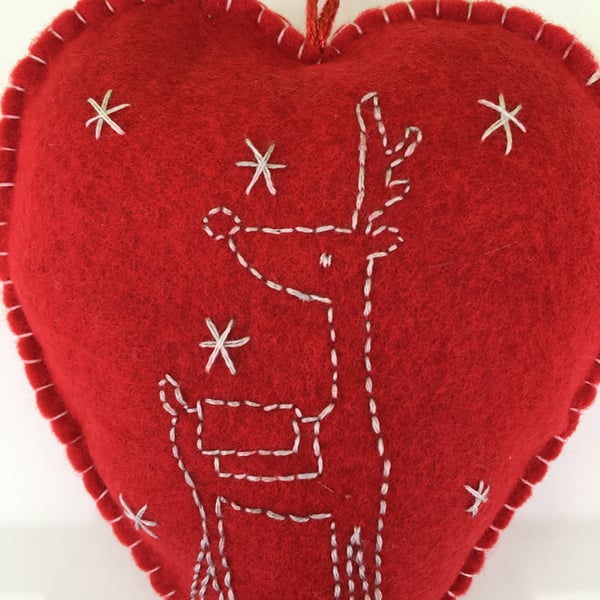 Pair of Embroidered Red Felt Christmas Hearts