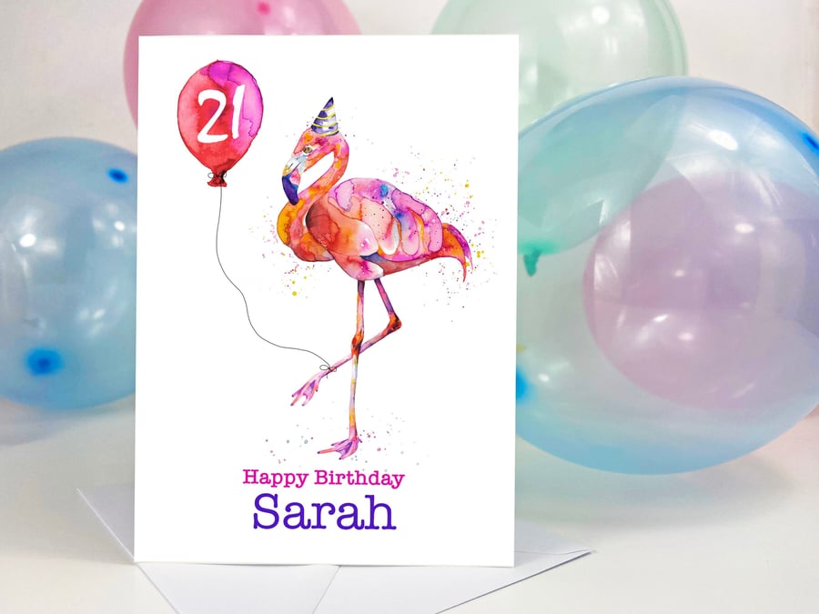 Fun flamingo personalised birthday card for him or her, premium quality