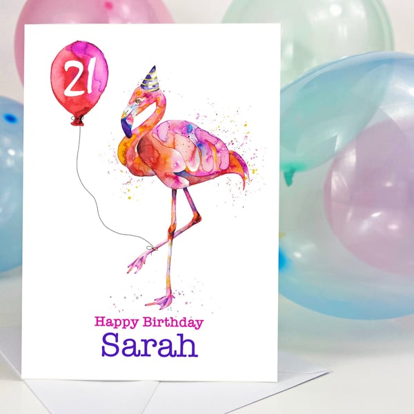 Fun flamingo personalised birthday card for him or her, premium quality