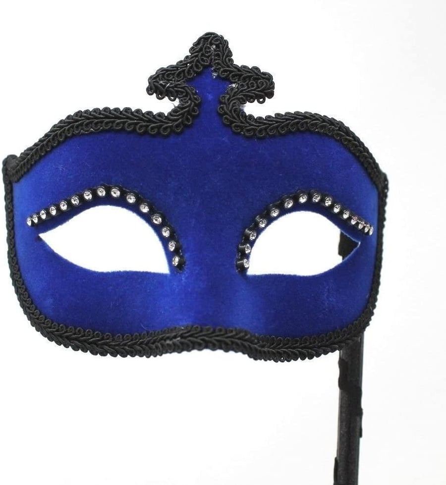 Stunning Blue Masquerade Mask with Black Braid and Diamontes on a Black Stick