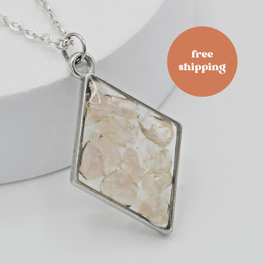 Rose Quartz Silver plated Diamond Worry Stone Necklace - Free Postage