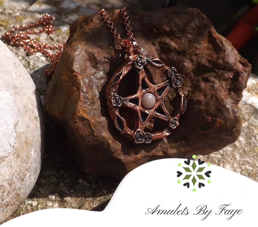 Pentacle Surrounded by Roses Pendant with Peach Moonstone Gemstone Necklace.