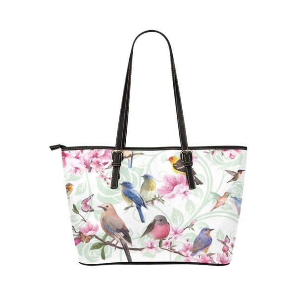 Flower Birds Artistic Inspired PU Leather Tote Bag.