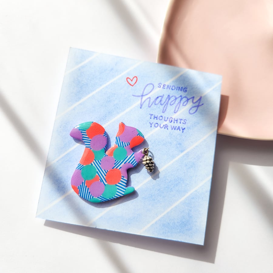 Hand-painted Squirrel Brooch with hand-coloured card