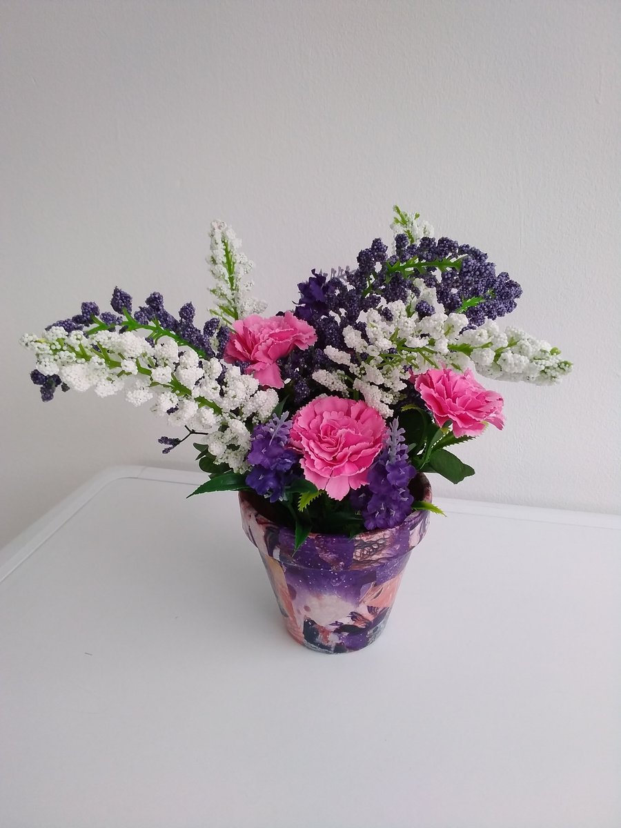 Marbled Decoupage Terracotta Pot with Faux Foxgloves, Carnations & Lavender
