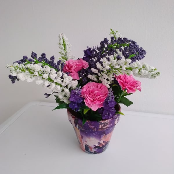 Marbled Decoupage Terracotta Pot with Faux Foxgloves, Carnations & Lavender