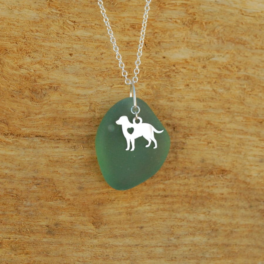 Aquamarine beach glass pendant with dog charm