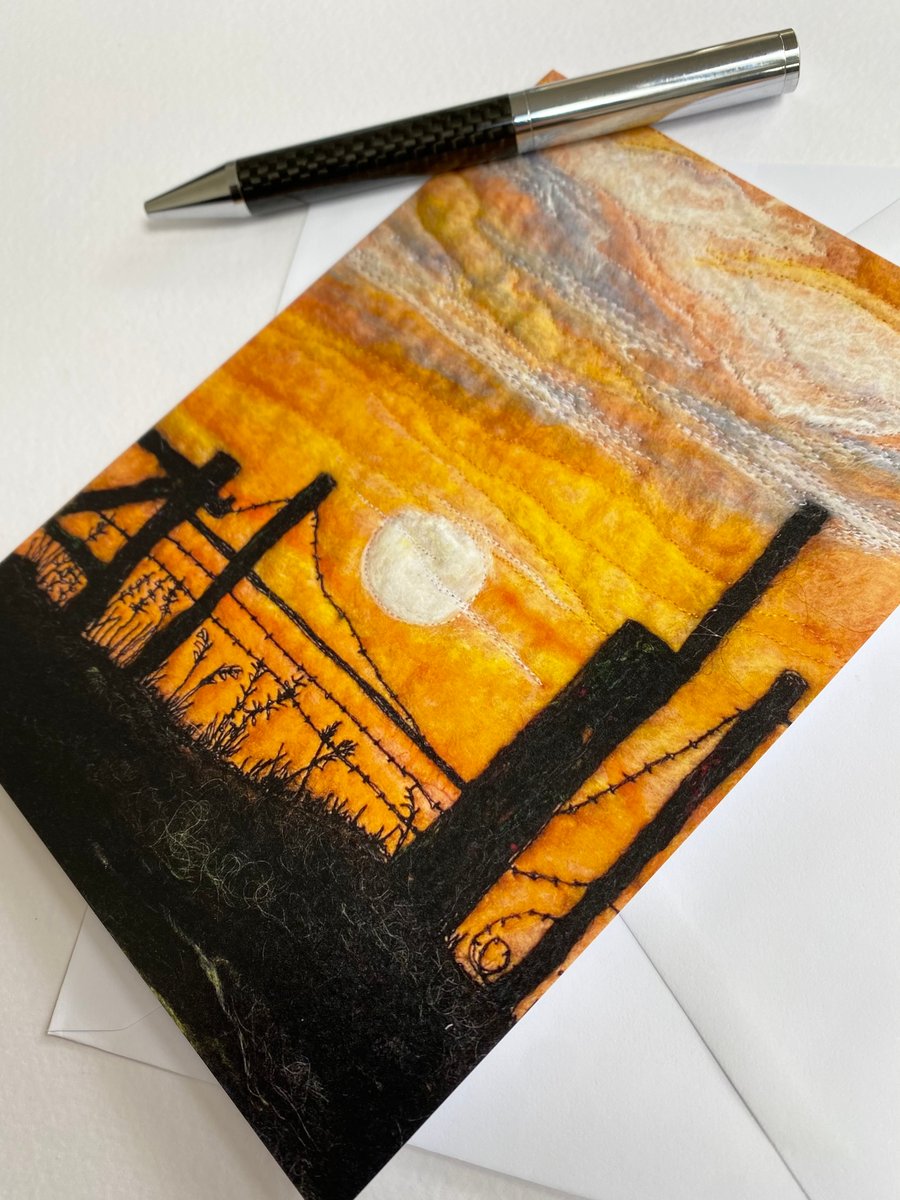 Sunrise sky. Silhouette fence. Farm. Printed card. Rural scene. Yorkshire. 