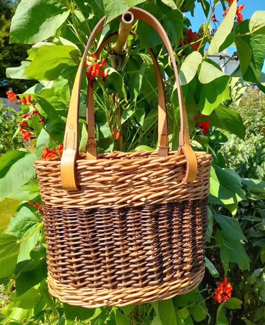Willow Basket with Handstitched English Leather Handles - Made in Cornwall - 701