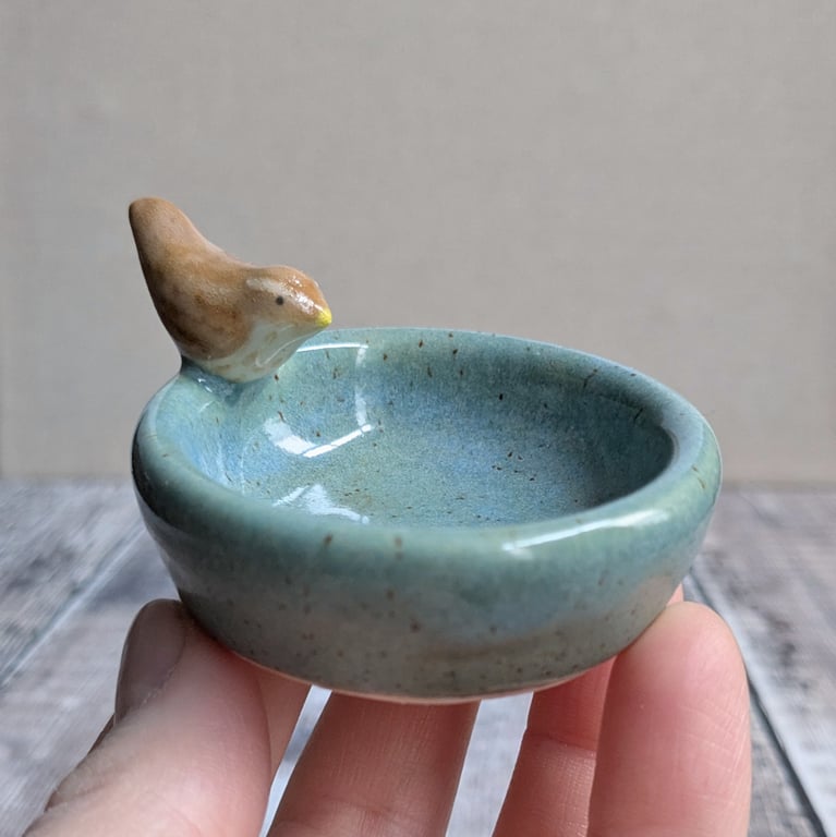 Very small ceramic ring dish with mini wren and turquoise glaze