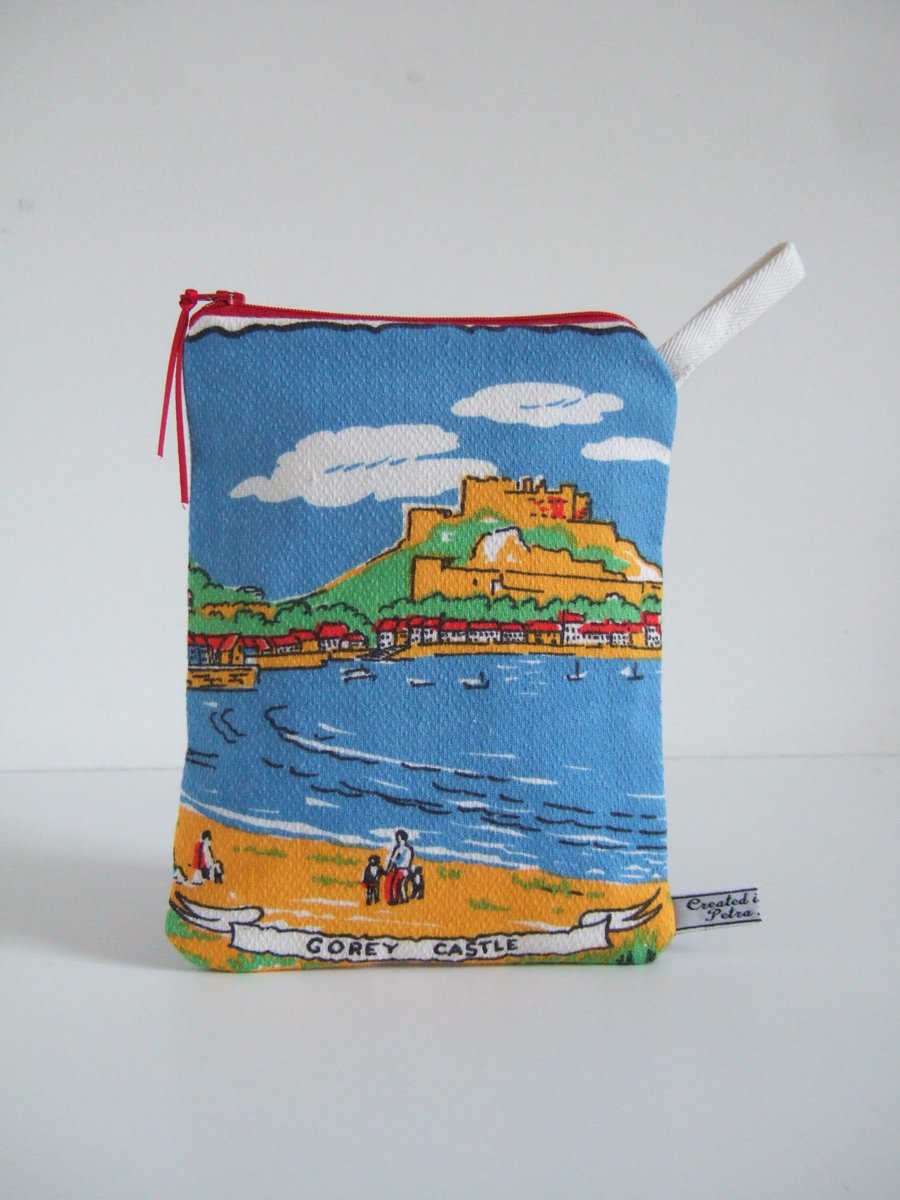 Seaside holiday in Jersey, vintage tea towel pouch, make up or man bag