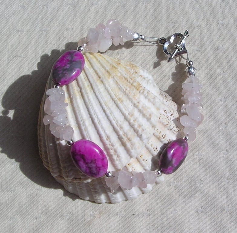 Pink Rhodonite & Rose Quartz Gemstone Beaded Bracelet "Rosalee"