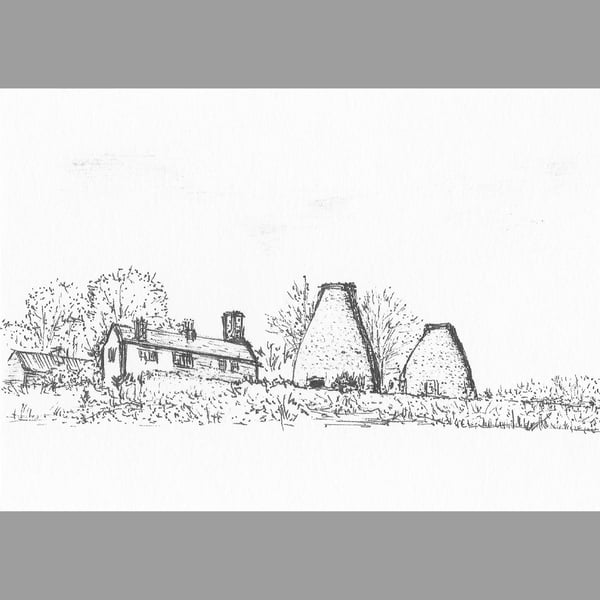Bottle Kilns at Corbridge miniature original pen drawing ACEO