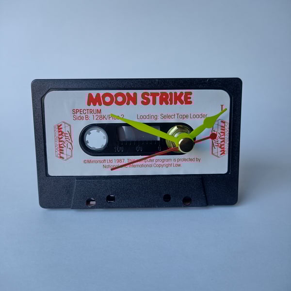 Retro gamer desk clock, ZX Spectrum Cassette tape, Moon Strike
