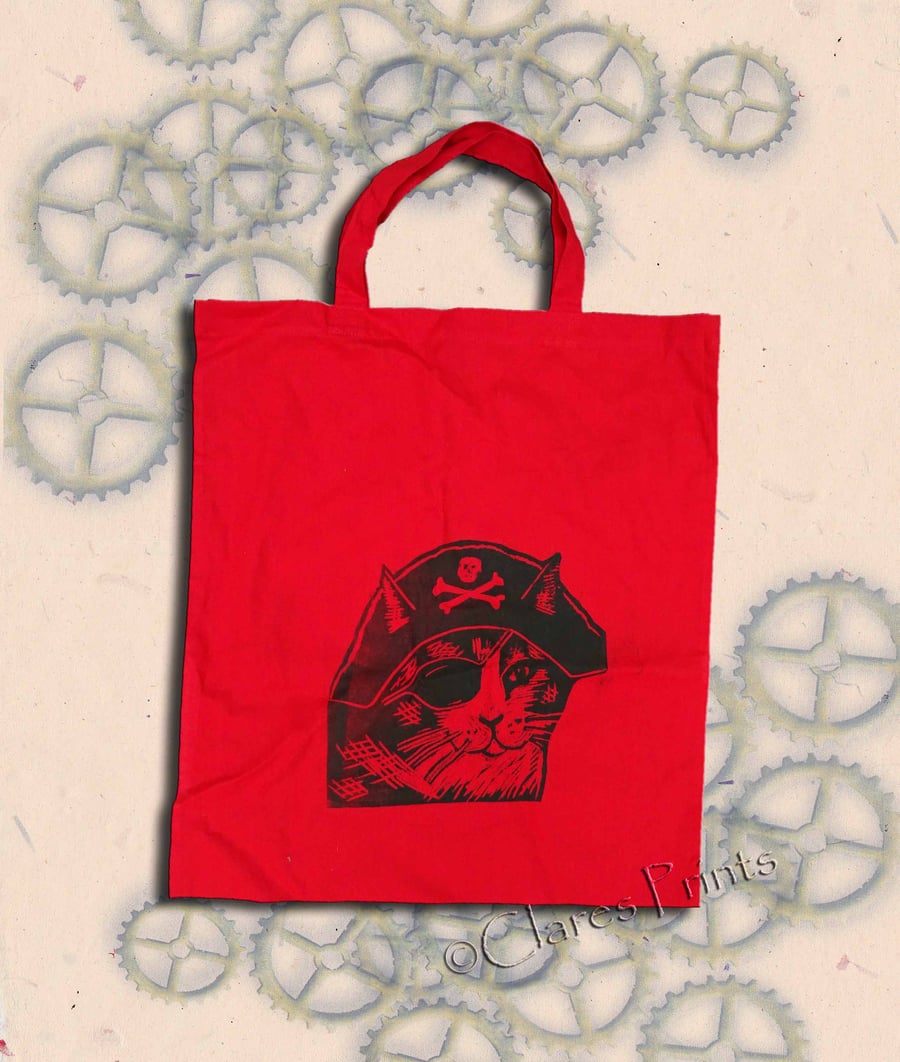 Pirate Cat Tote Animal Linocut Hand Printed Red Shopping Bag
