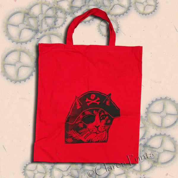 Pirate Cat Tote Animal Linocut Hand Printed Red Shopping Bag