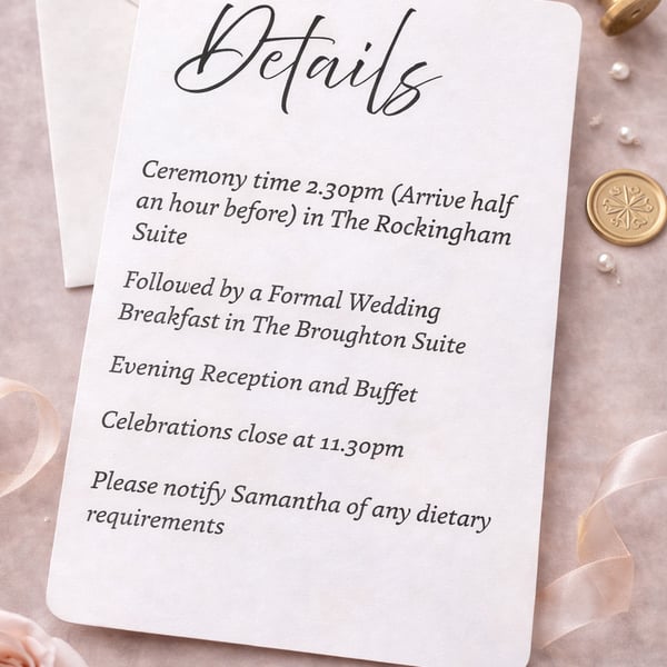 Minimal Wedding Details Card. Elegant Wedding Information Insert