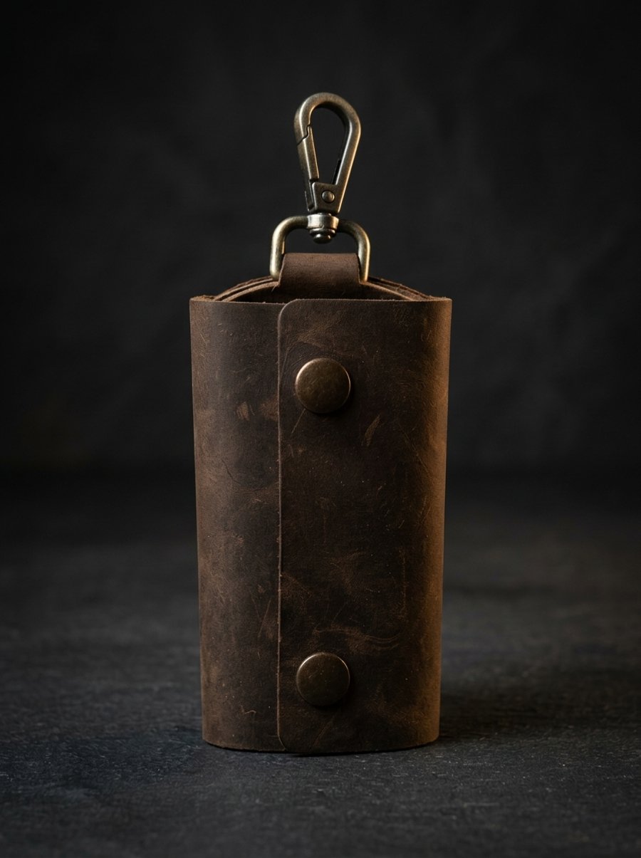 Dark Brown Full Grain Leather Key Case Silent Snap Wrap Handmade UK