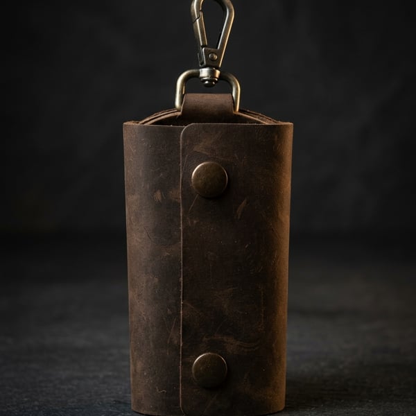 Dark Brown Full Grain Leather Key Case Silent Snap Wrap Handmade UK
