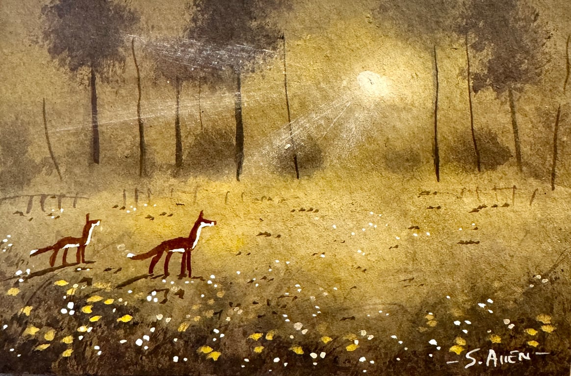 Original Aceo Painting ‘ Moonlight  Foxes  ‘ by Stephen Allen 