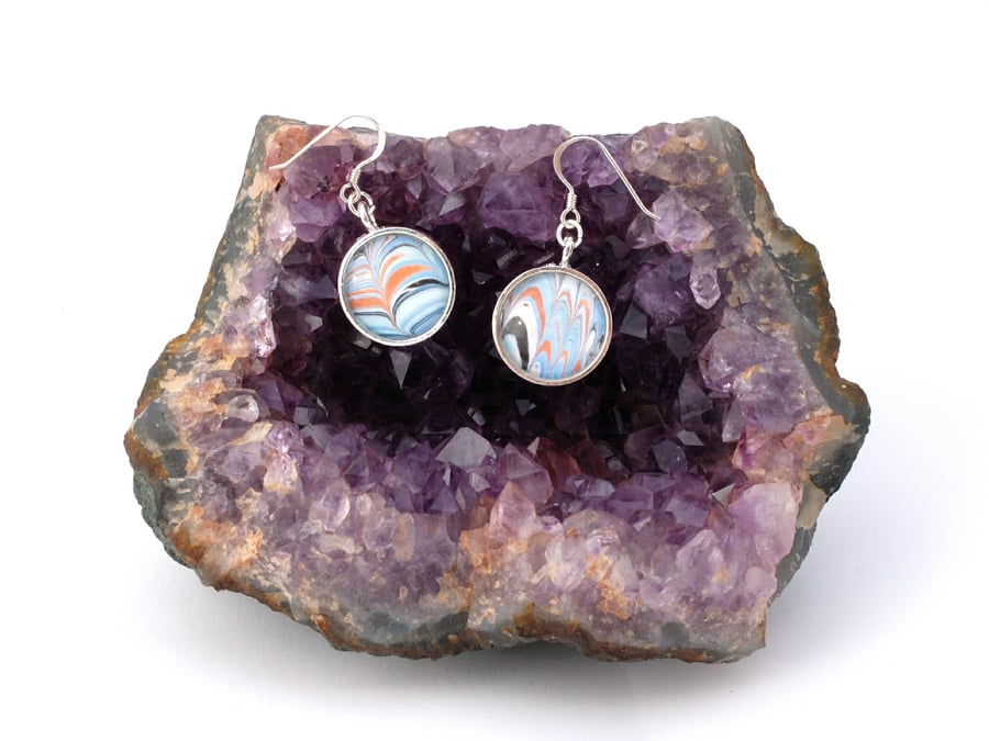 Pretty marbled paper glass cabochon earrings valentine's, anniversary gift