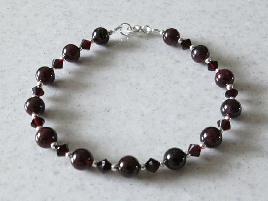 Burgundy Red Garnet Bracelet With Swarovski Crystals & Sterling Silver
