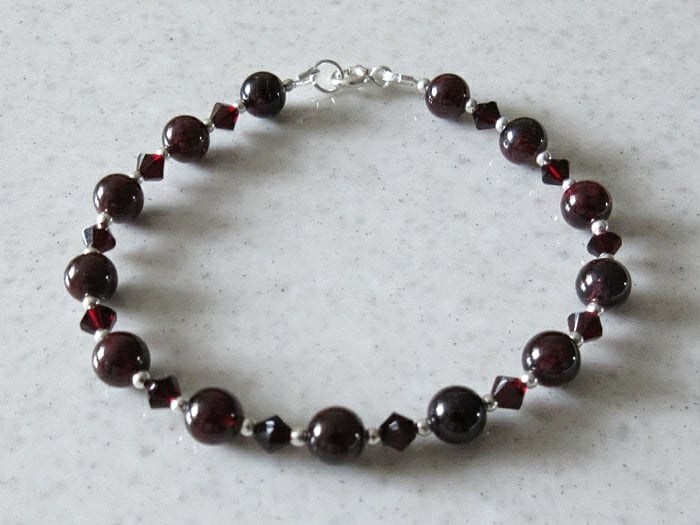 Burgundy Red Garnet Bracelet With Swarovski Crystals & Sterling Silver