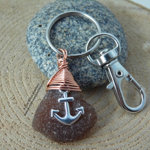 Amber Cornish Sea Glass with Anchor Charm Bag Charm Keyring K404