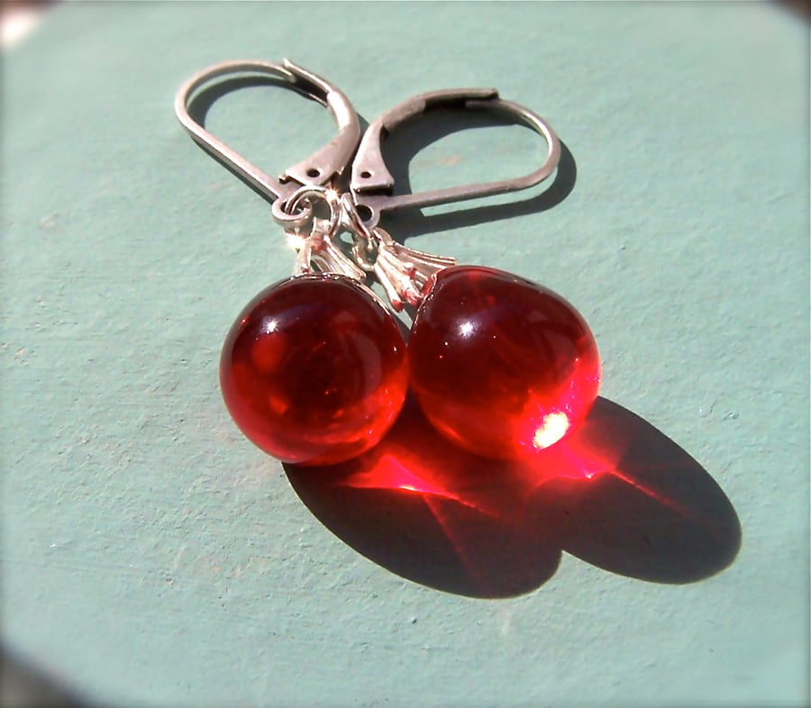 Red earrings, glass bead earrings, small drop earrings, leverback earrings