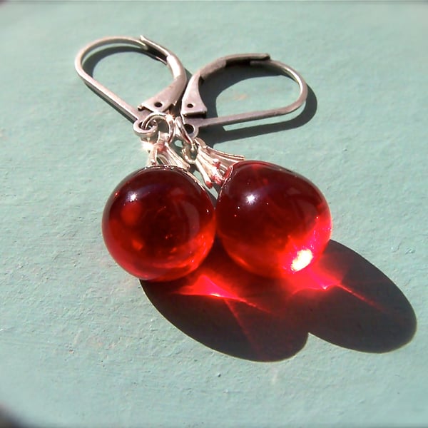 Red earrings, glass bead earrings, small drop earrings, leverback earrings