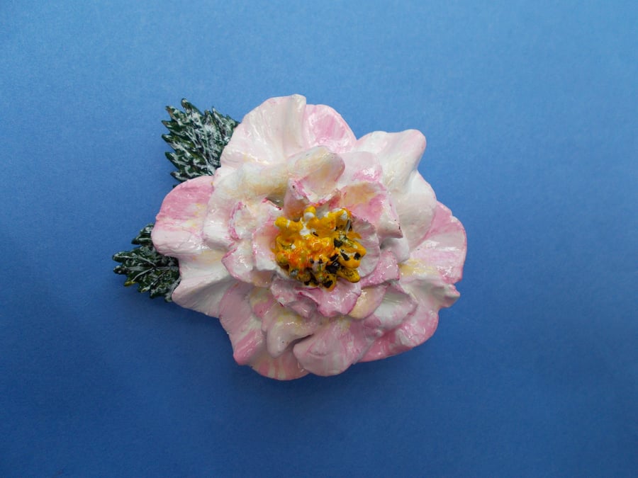 Handmade Large Pink CAMELLIA FLOWER BROOCH : Hand Painted Clay Camellia Lapel 