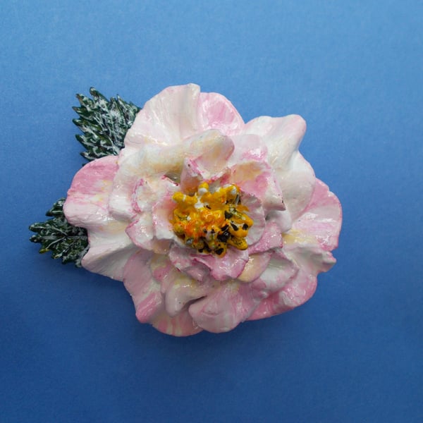 Handmade Large Pink CAMELLIA FLOWER BROOCH : Hand Painted Clay Camellia Lapel 