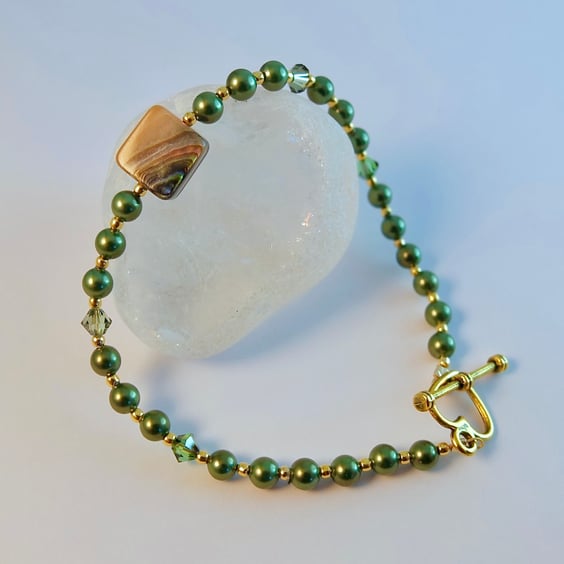 Pearl & Abalone Shell Bracelet, June Birthday, Anniversary, Bridesmaid Gifts 