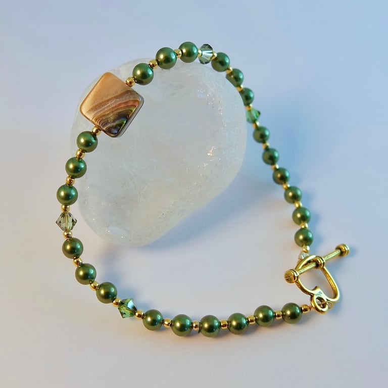 Pearl & Abalone Shell Bracelet, June Birthday, Anniversary, Bridesmaid Gifts 