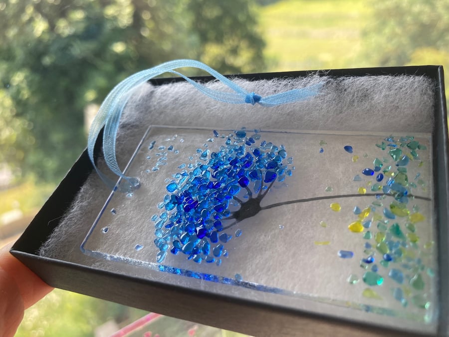 Little whimsical 3 Fused glass Blue mix Jewels Flower Sun catcher