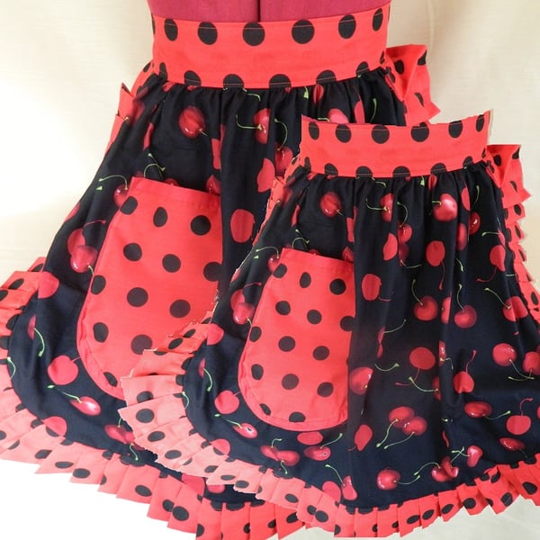 Mum & Daughter Matching Set - Retro Vintage 50s Style Half Aprons - Black & Red 