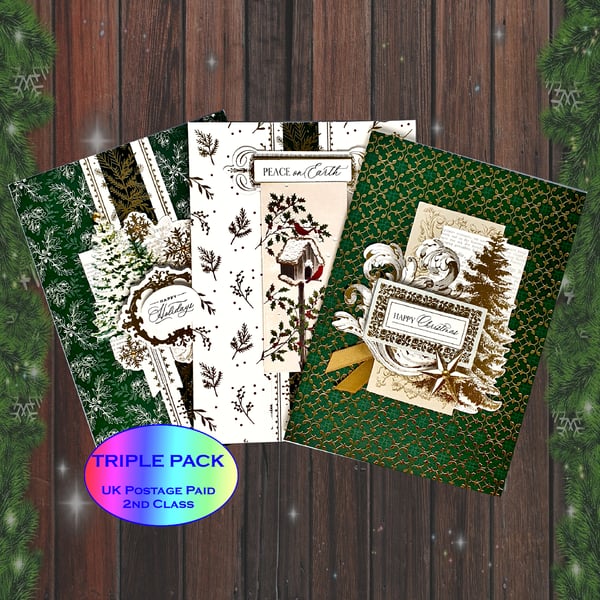 Trio Pack of Vintage Style Christmas Cards with Messages. Inc Envelope  (7 x 5) 