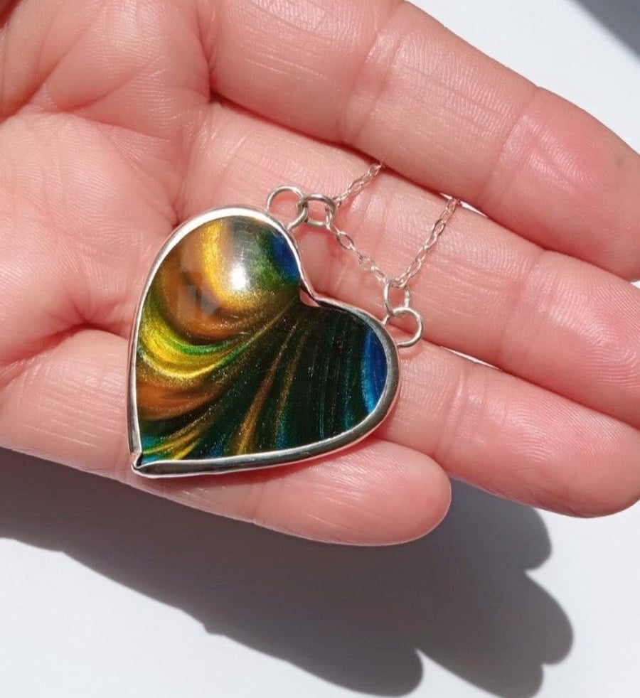 Surfite Heart Necklace Sterling Silver Blue & Yellow Pearlescent Handmade