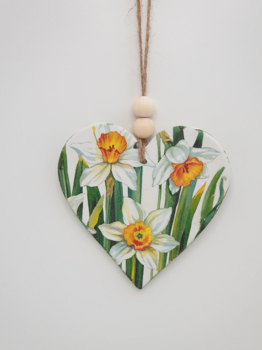 Daffodils clay heart hanging decoration, mothers day gift, spring decor
