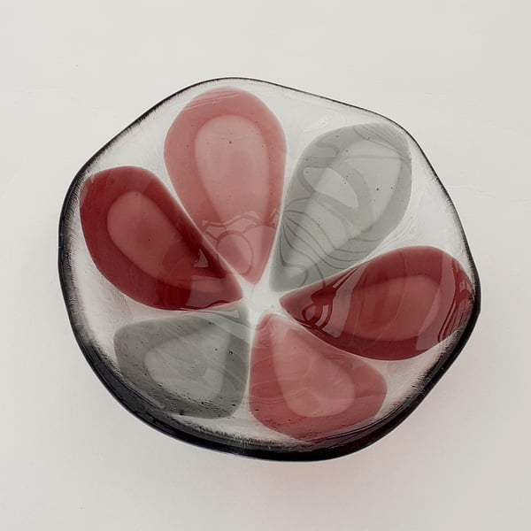 Fused Glass decorative trinket dish, purple and grey teardrop design