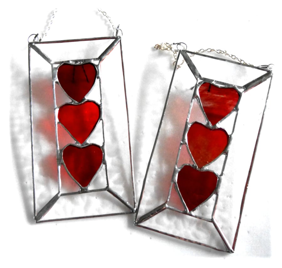 Heart Trio  Stained Glass Suncatcher 3 of Hearts Red