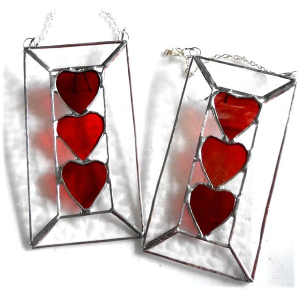 Heart Trio  Stained Glass Suncatcher 3 of Hearts Red